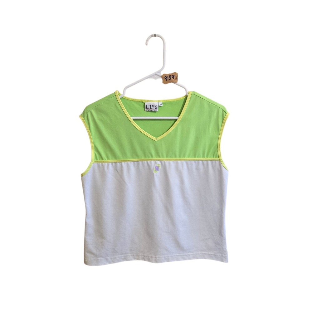 Lillys Women's ‎ Performance Tank Top SZ M White Green Sleeveless V Neck